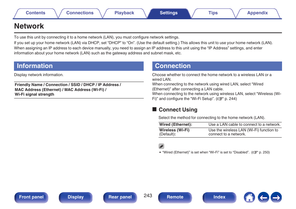 Network, Information, Connection | Ip address, etc. in “network, P. 243), Oconnect using | Marantz AV 10 Reference 15.4-Channel Home Theater Preamplifier/Processor User Manual | Page 243 / 336