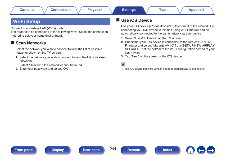 Wi-fi setup, P. 244), Fi)” and configure the “wi-fi setup | Oscan networks, Ouse ios device | Marantz AV 10 Reference 15.4-Channel Home Theater Preamplifier/Processor User Manual | Page 244 / 336