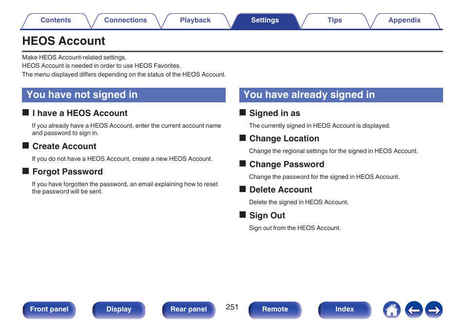 Heos account, You have not signed in, You have already signed in | P. 251) in the | Marantz AV 10 Reference 15.4-Channel Home Theater Preamplifier/Processor User Manual | Page 251 / 336