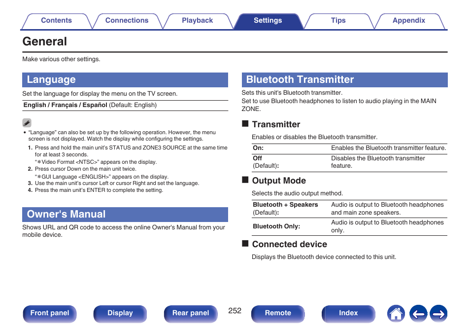 General, Language, Owner's manual | Bluetooth transmitter, P. 252), Bluetooth transmitter” in the menu, Transmitter” to off, Otransmitter, Ooutput mode, Oconnected device | Marantz AV 10 Reference 15.4-Channel Home Theater Preamplifier/Processor User Manual | Page 252 / 336
