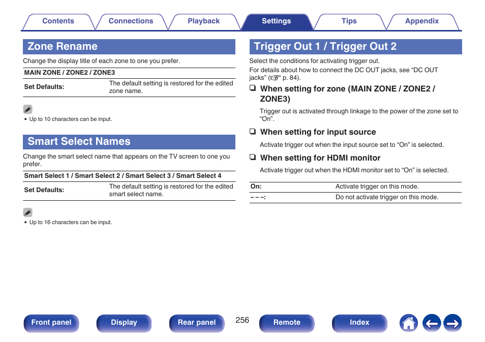 Zone rename, Smart select names, Trigger out 1 / trigger out 2 | Names, P. 256) | Marantz AV 10 Reference 15.4-Channel Home Theater Preamplifier/Processor User Manual | Page 256 / 336