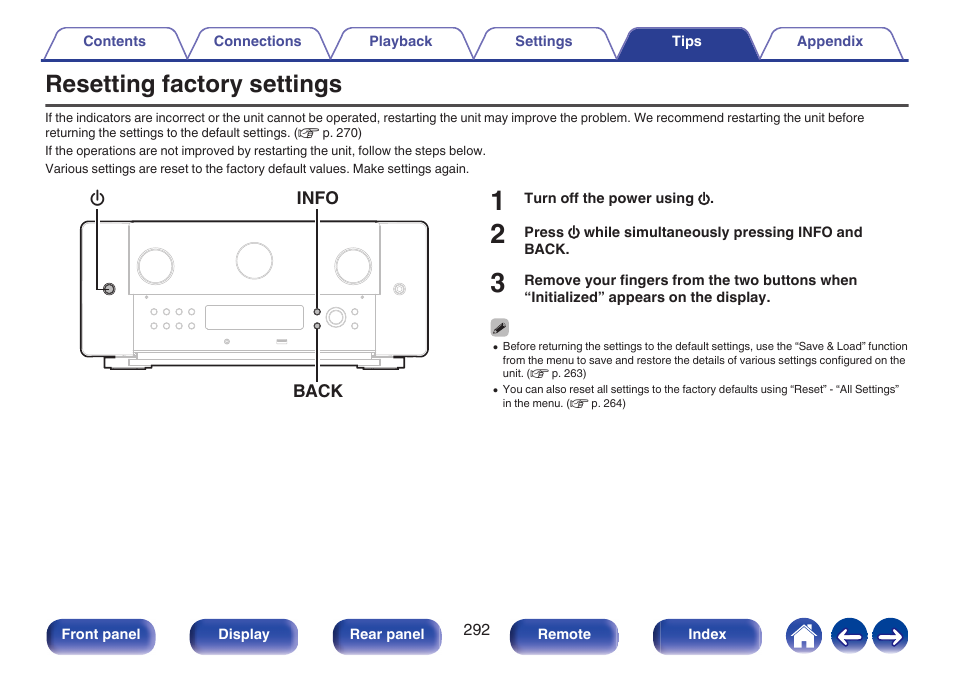 Resetting factory settings, Factory settings | Marantz AV 10 Reference 15.4-Channel Home Theater Preamplifier/Processor User Manual | Page 292 / 336