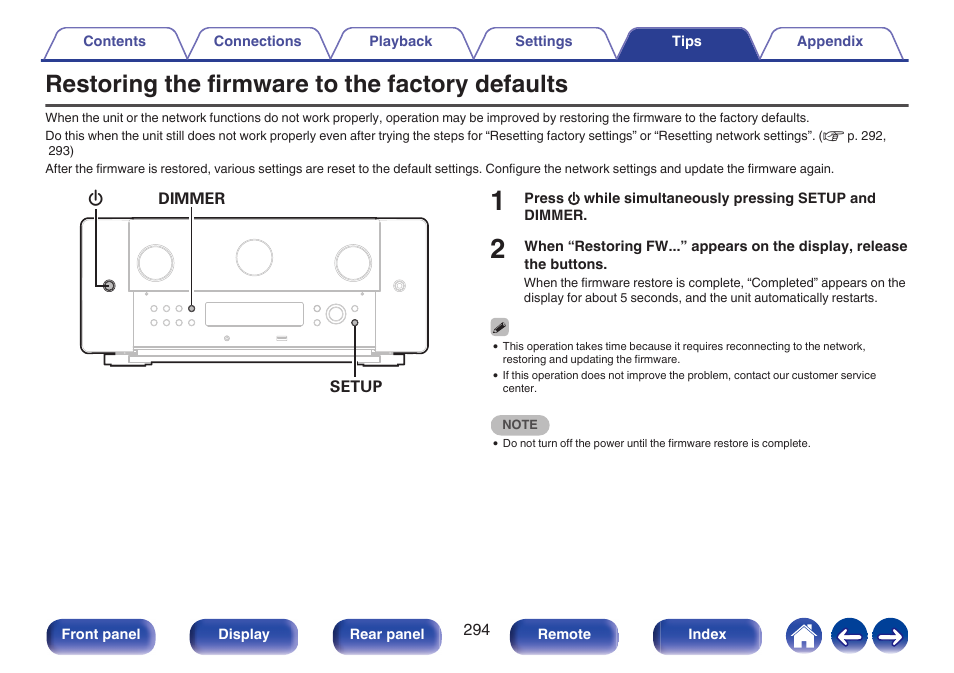 Restoring the firmware to the factory defaults | Marantz AV 10 Reference 15.4-Channel Home Theater Preamplifier/Processor User Manual | Page 294 / 336