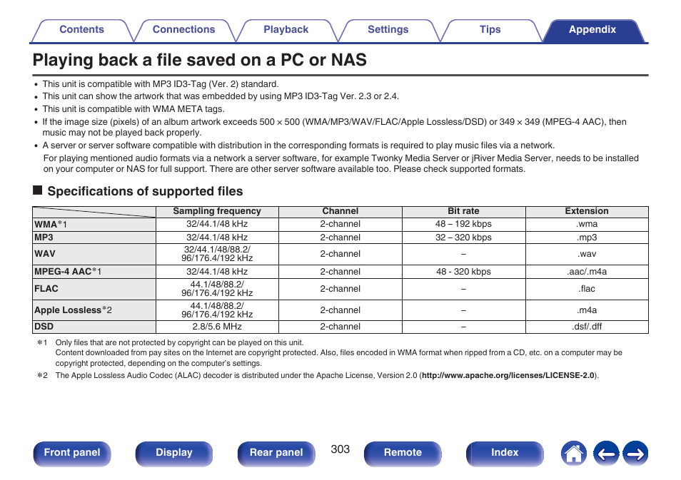 Playing back a file saved on a pc or nas, P. 303), Ospecifications of supported files | Marantz AV 10 Reference 15.4-Channel Home Theater Preamplifier/Processor User Manual | Page 303 / 336