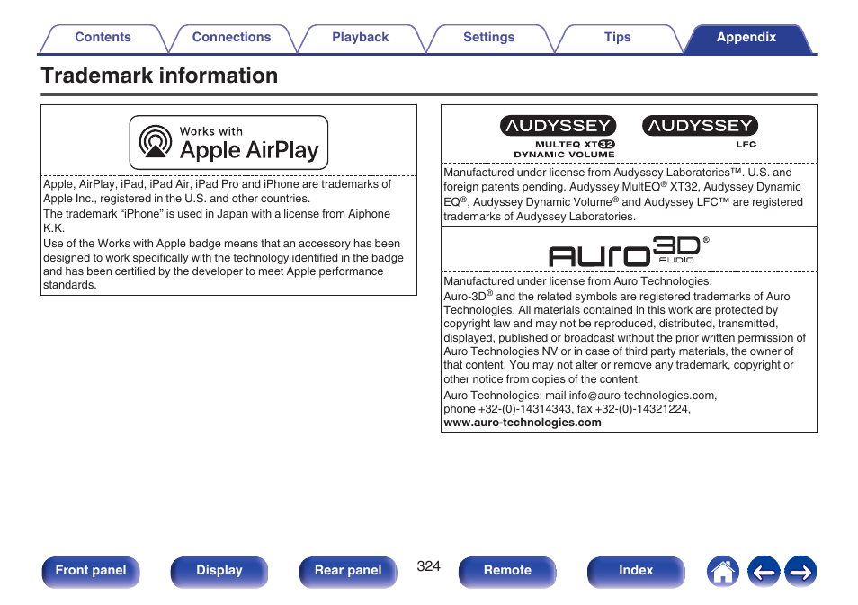 Trademark information | Marantz AV 10 Reference 15.4-Channel Home Theater Preamplifier/Processor User Manual | Page 324 / 336