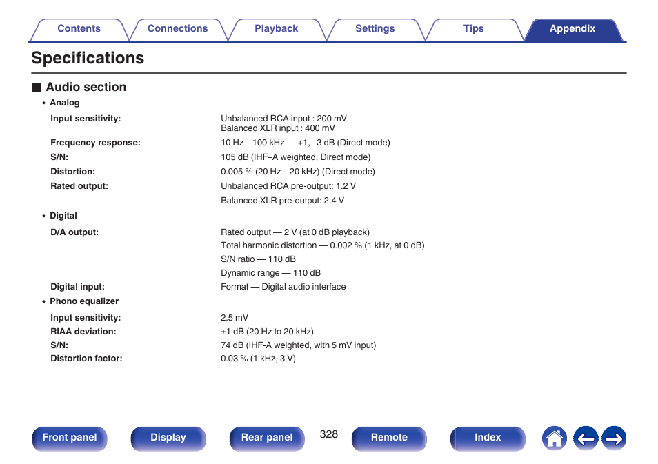 Specifications | Marantz AV 10 Reference 15.4-Channel Home Theater Preamplifier/Processor User Manual | Page 328 / 336