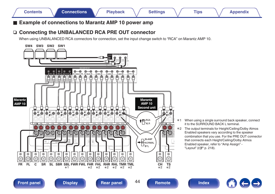 Connecting the unbalanced rca pre out connector | Marantz AV 10 Reference 15.4-Channel Home Theater Preamplifier/Processor User Manual | Page 44 / 336
