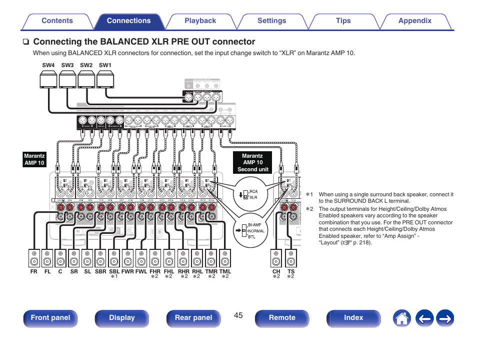 Connectors, P. 45), Connecting the balanced xlr pre out connector | Marantz AV 10 Reference 15.4-Channel Home Theater Preamplifier/Processor User Manual | Page 45 / 336