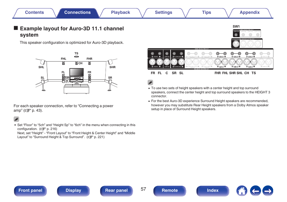 Channel system, P. 57) when playing auro-3d with a 11.1-channel, Oexample layout for auro-3d 11.1 channel system | Marantz AV 10 Reference 15.4-Channel Home Theater Preamplifier/Processor User Manual | Page 57 / 336
