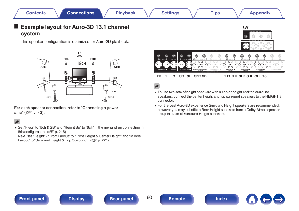 Channel system, P. 60) when playing auro-3d with a 13.1-channel, Oexample layout for auro-3d 13.1 channel system | Marantz AV 10 Reference 15.4-Channel Home Theater Preamplifier/Processor User Manual | Page 60 / 336