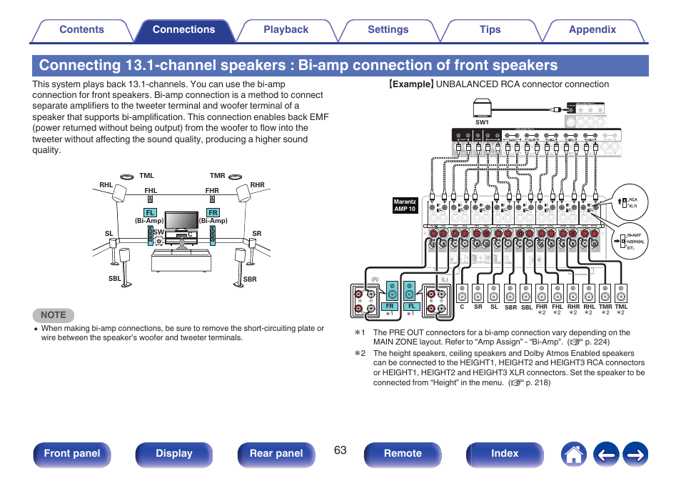 Speakers, Front panel display rear panel remote index | Marantz AV 10 Reference 15.4-Channel Home Theater Preamplifier/Processor User Manual | Page 63 / 336