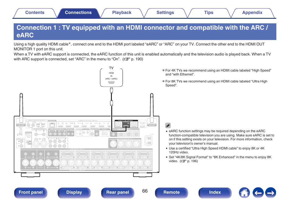 Compatible with the arc / earc, P. 66), Connection 1 : tv equipped with an hdmi | Connector and compatible with the arc, Earc | Marantz AV 10 Reference 15.4-Channel Home Theater Preamplifier/Processor User Manual | Page 66 / 336