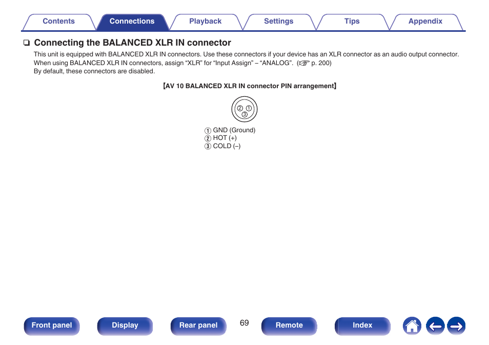 Connecting the balanced xlr in connector | Marantz AV 10 Reference 15.4-Channel Home Theater Preamplifier/Processor User Manual | Page 69 / 336
