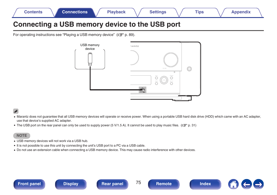 Connecting a usb memory device to the usb port, P. 75) | Marantz AV 10 Reference 15.4-Channel Home Theater Preamplifier/Processor User Manual | Page 75 / 336