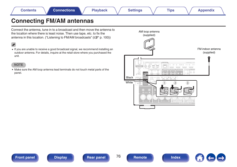 Connecting fm/am antennas, Used to connect fm antennas and am loop antennas, P. 76) | Marantz AV 10 Reference 15.4-Channel Home Theater Preamplifier/Processor User Manual | Page 76 / 336