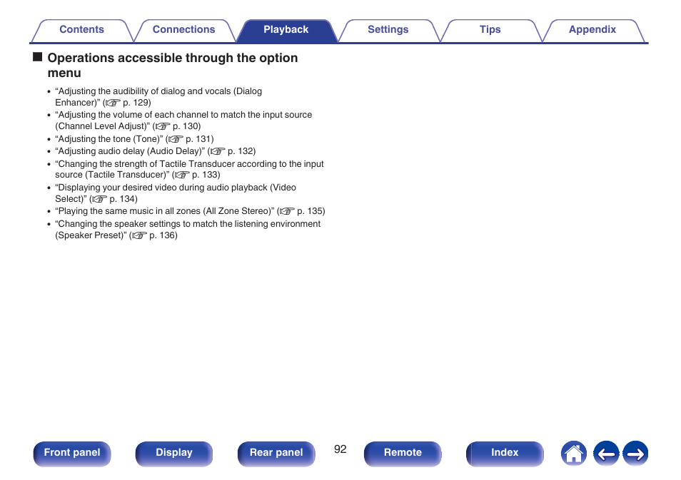 Ooperations accessible through the option menu | Marantz AV 10 Reference 15.4-Channel Home Theater Preamplifier/Processor User Manual | Page 92 / 336