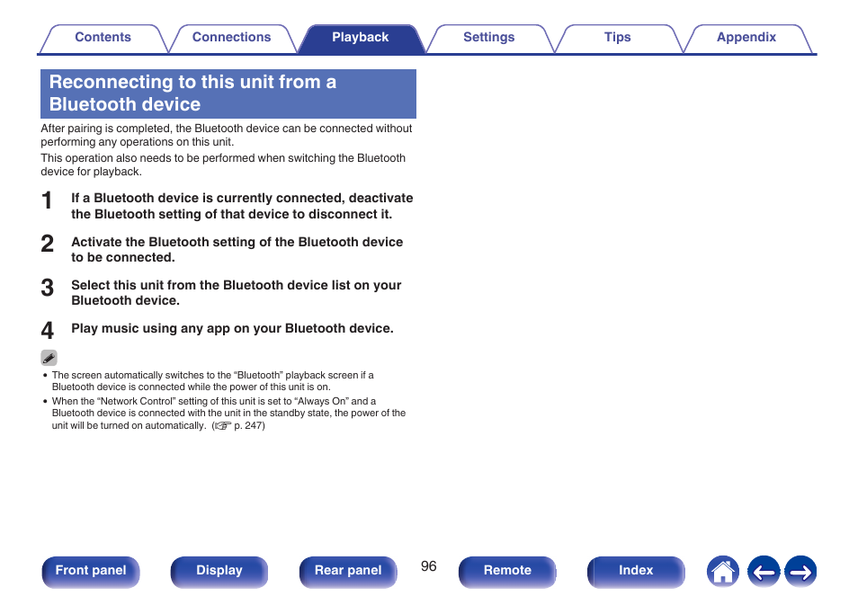 Reconnecting to this unit from a bluetooth device | Marantz AV 10 Reference 15.4-Channel Home Theater Preamplifier/Processor User Manual | Page 96 / 336