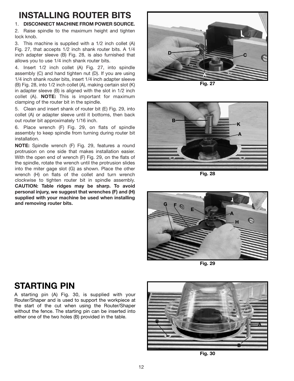 Installing router bits, Starting pin | Delta 902118 43-505 User Manual | Page 12 / 18