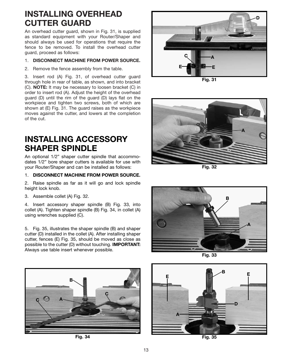 Installing overhead cutter guard, Installing accessory shaper spindle | Delta 902118 43-505 User Manual | Page 13 / 18