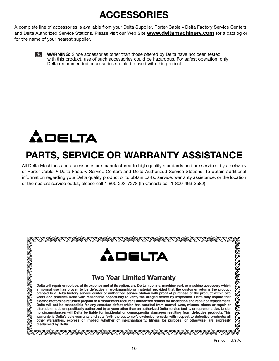 Parts, service or warranty assistance, Accessories, Two year limited warranty | Delta 902118 43-505 User Manual | Page 16 / 18