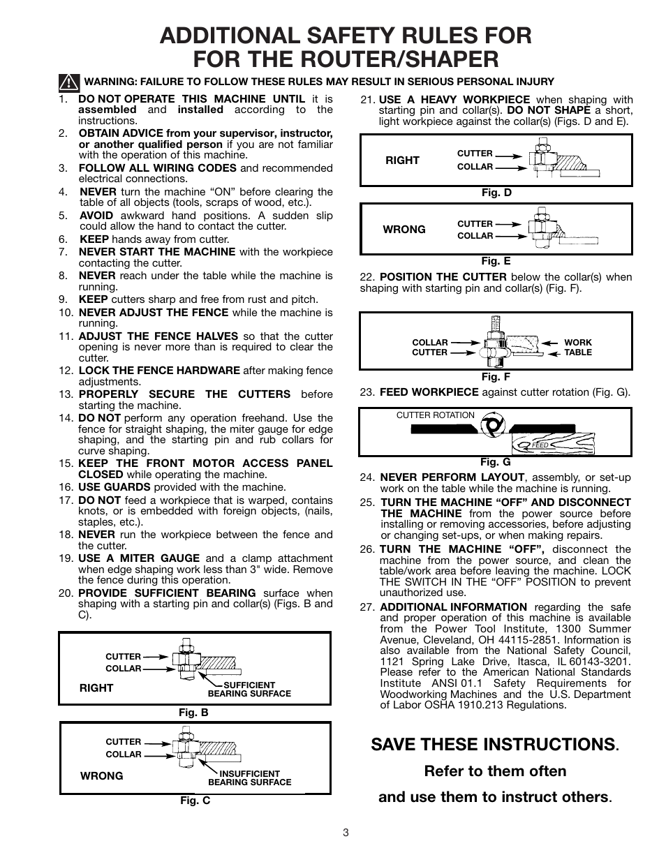 Additional safety rules for for the router/shaper, Save these instructions | Delta 902118 43-505 User Manual | Page 3 / 18