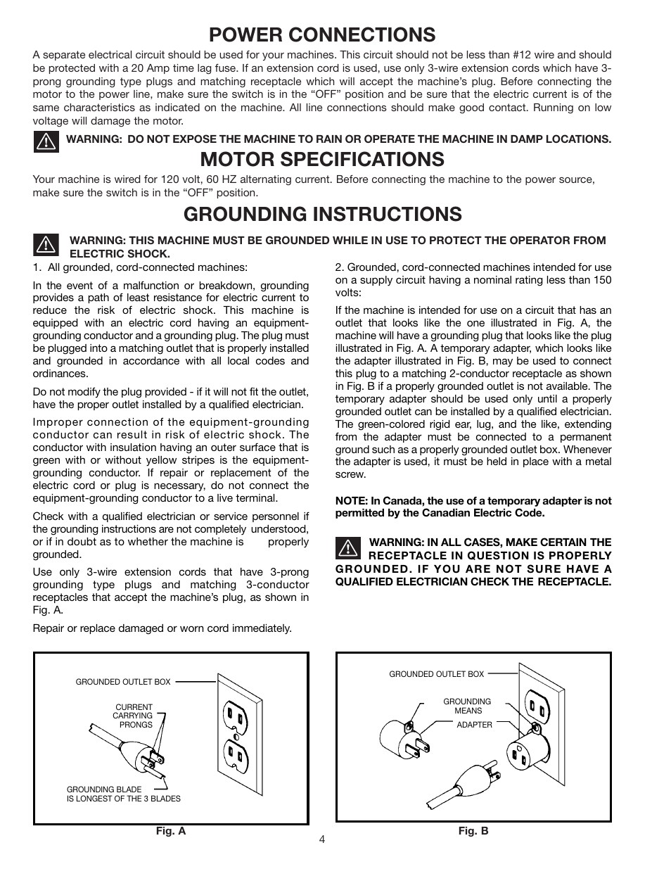 Power connections, Motor specifications, Grounding instructions | Delta 902118 43-505 User Manual | Page 4 / 18