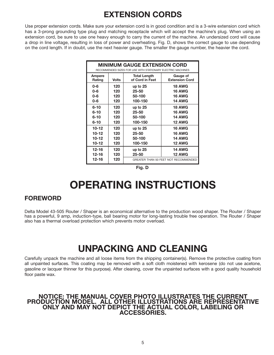 Operating instructions, Unpacking and cleaning, Extension cords | Foreword | Delta 902118 43-505 User Manual | Page 5 / 18