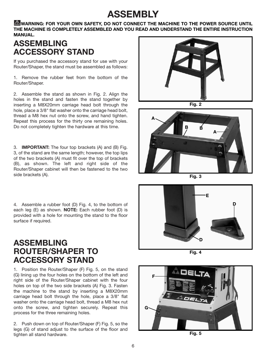 Assembly, Assembling accessory stand, Assembling router/shaper to accessory stand | Delta 902118 43-505 User Manual | Page 6 / 18