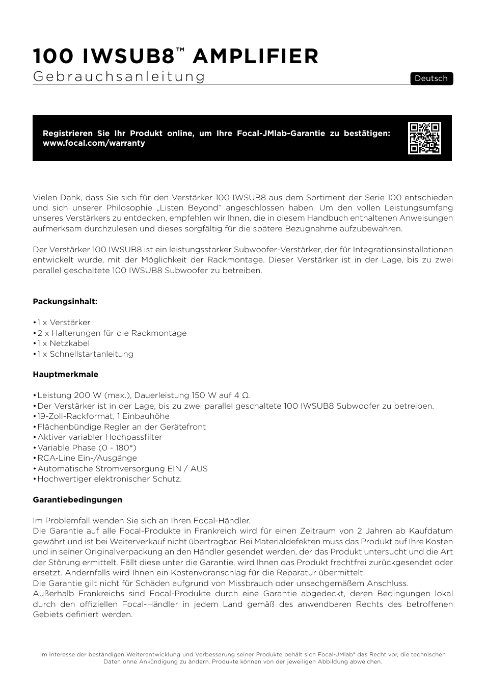 100 iwsub8, Amplifier | Focal 100 IWSUB8 Amplifier User Manual | Page 14 / 67