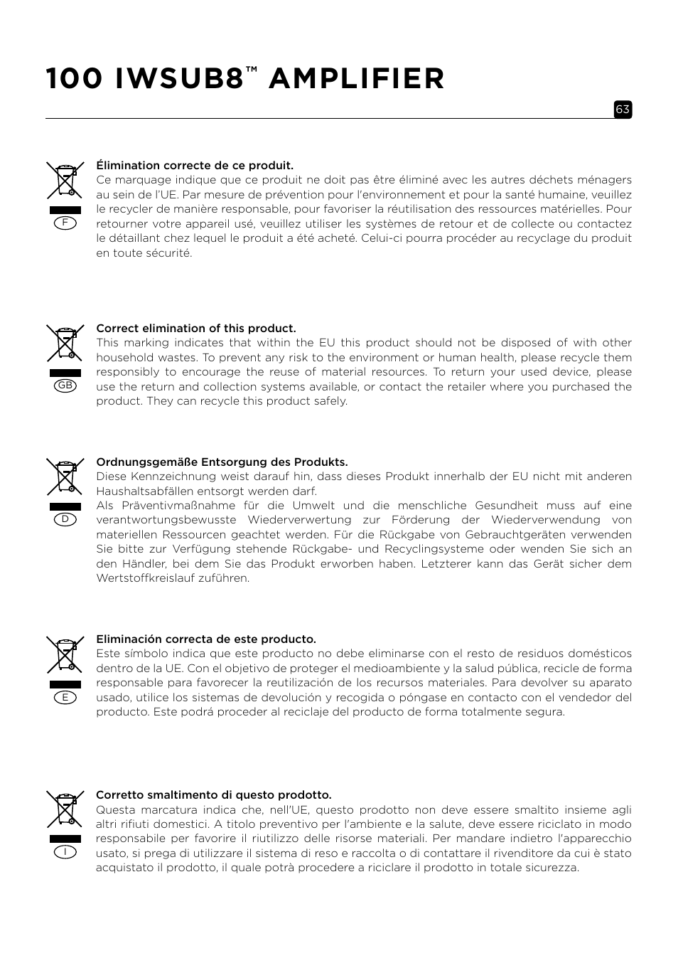 100 iwsub8, Amplifier | Focal 100 IWSUB8 Amplifier User Manual | Page 63 / 67