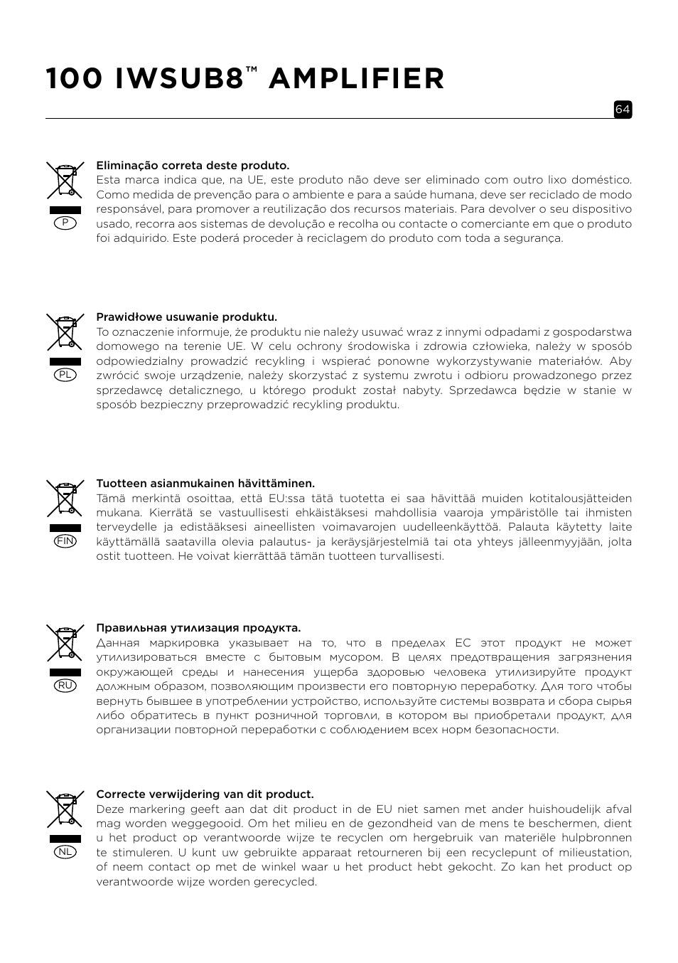 100 iwsub8, Amplifier | Focal 100 IWSUB8 Amplifier User Manual | Page 64 / 67