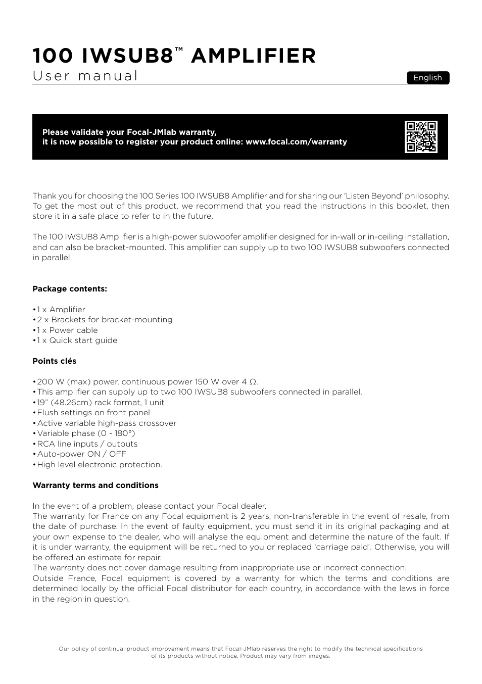 100 iwsub8, Amplifier | Focal 100 IWSUB8 Amplifier User Manual | Page 9 / 67
