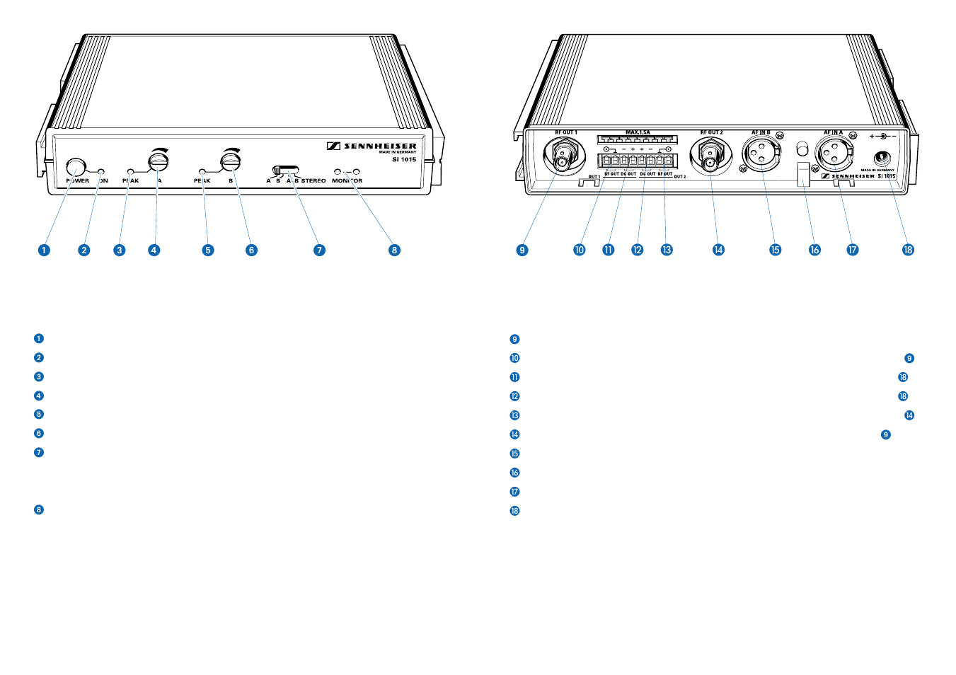 Collegamento e uso dell‘si 1015 (parte anteriore), Collegamento e uso dell‘si 1015 (parte posteriore) | Sennheiser SI 1015-8000 Dual System Package User Manual | Page 15 / 27