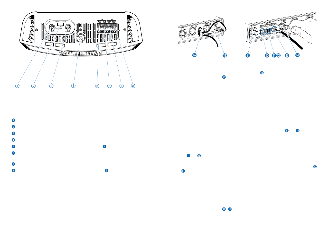 Connections and operating elements of the szi 1015, 1cable grip, 2rack mounting | 4daisy-chaining the radiators | Sennheiser SI 1015-8000 Dual System Package User Manual | Page 8 / 27