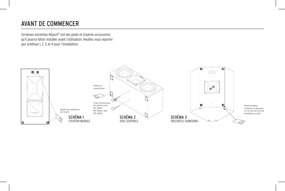 Avant de commencer, Schéma 1, Schéma 2 | Schéma 3 | Klipsch Reference Premiere RP-500SA II Two-Way Dolby Atmos Elevation/Surround Speakers (Ebony, Pair) User Manual | Page 13 / 68
