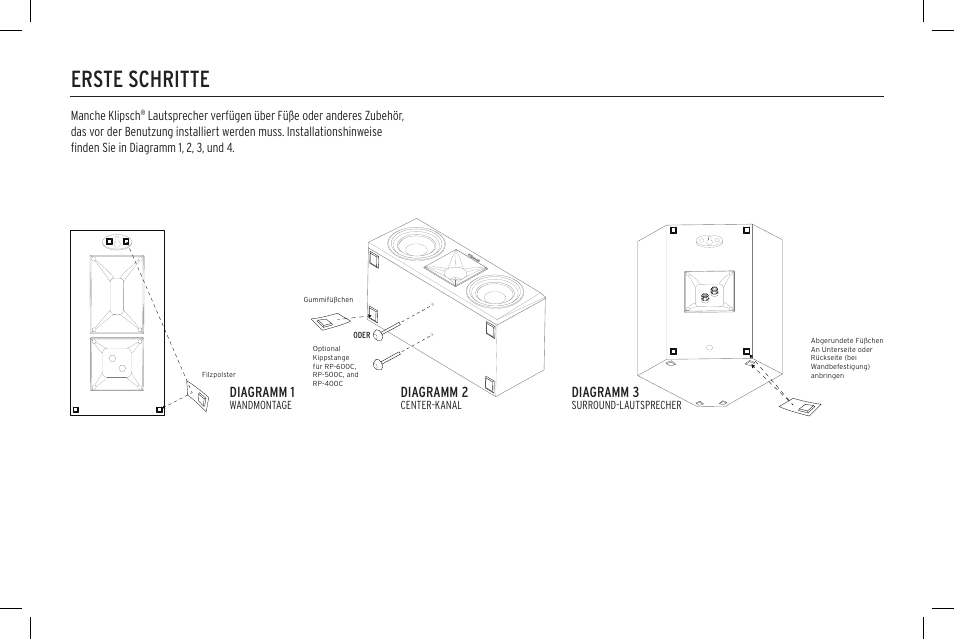 Erste schritte, Diagramm 1, Diagramm 2 | Diagramm 3 | Klipsch Reference Premiere RP-500SA II Two-Way Dolby Atmos Elevation/Surround Speakers (Ebony, Pair) User Manual | Page 21 / 68