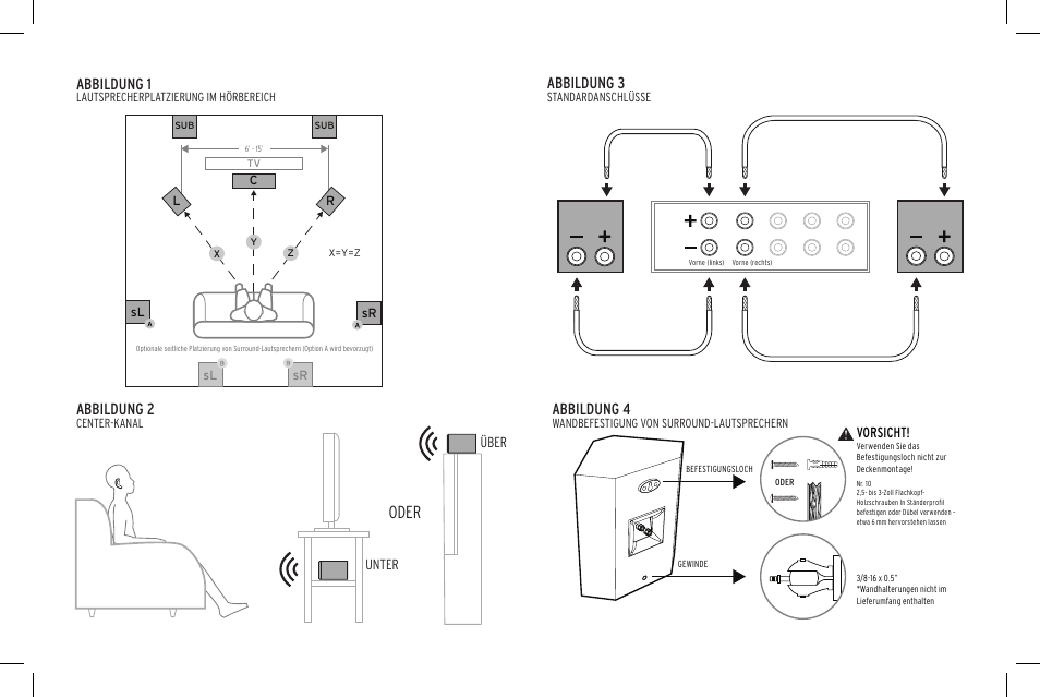 Oder, Abbildung 2, Abbildung 4 | Abbildung 3, Abbildung 1, Sl sr sl sr, Vorsicht, Unter über | Klipsch Reference Premiere RP-500SA II Two-Way Dolby Atmos Elevation/Surround Speakers (Ebony, Pair) User Manual | Page 23 / 68