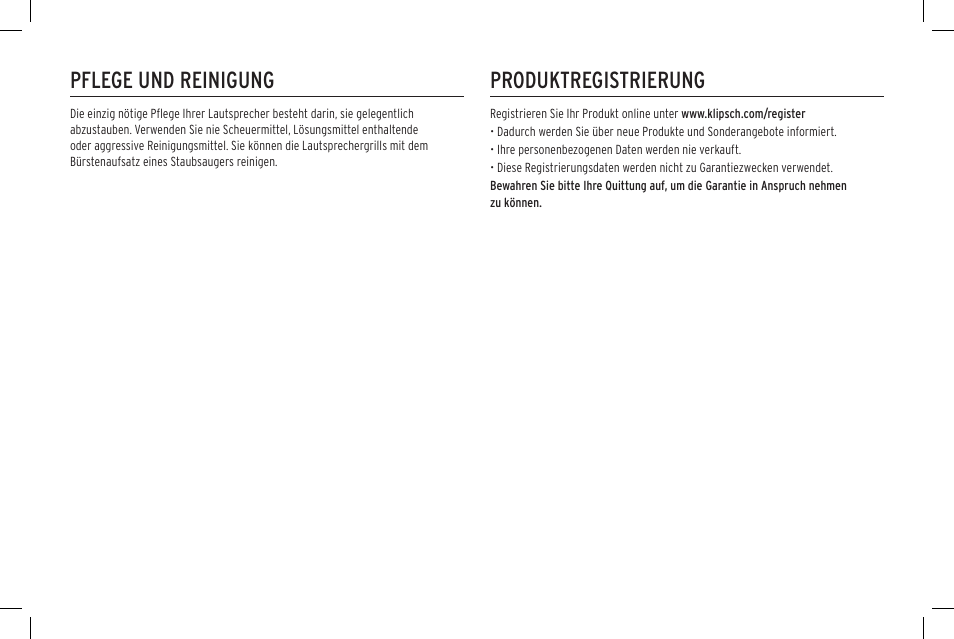 Pflege und reinigung, Produktregistrierung | Klipsch Reference Premiere RP-500SA II Two-Way Dolby Atmos Elevation/Surround Speakers (Ebony, Pair) User Manual | Page 26 / 68