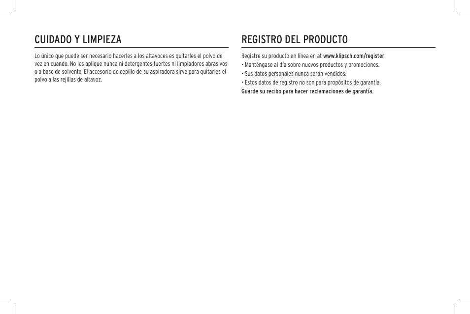 Cuidado y limpieza, Registro del producto | Klipsch Reference Premiere RP-500SA II Two-Way Dolby Atmos Elevation/Surround Speakers (Ebony, Pair) User Manual | Page 34 / 68