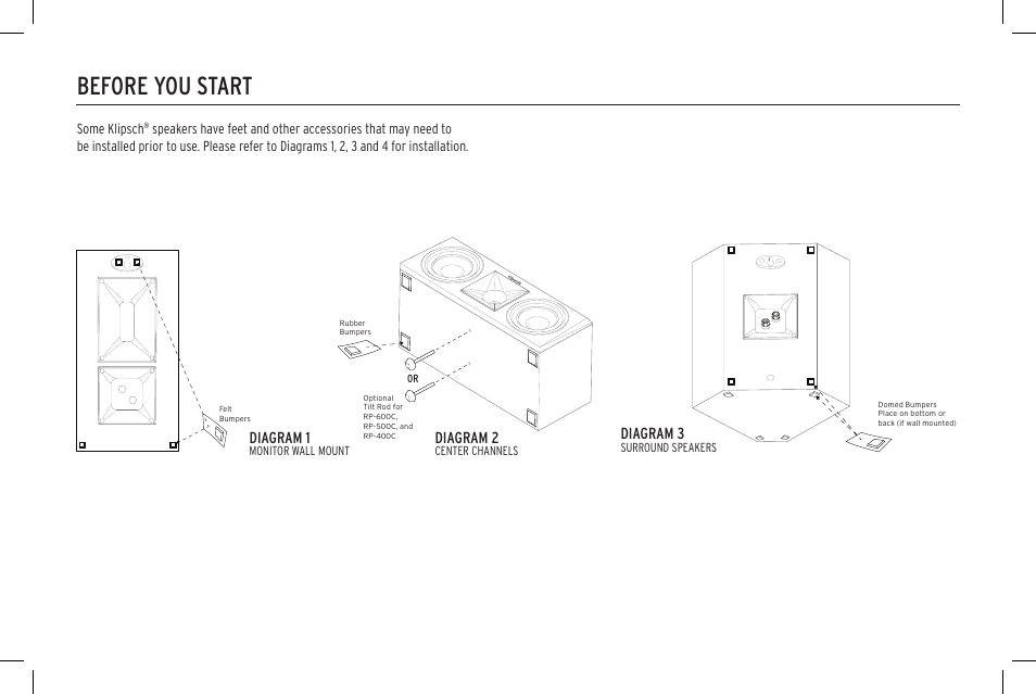 Before you start, Diagram 1, Diagram 2 | Diagram 3 | Klipsch Reference Premiere RP-500SA II Two-Way Dolby Atmos Elevation/Surround Speakers (Ebony, Pair) User Manual | Page 5 / 68