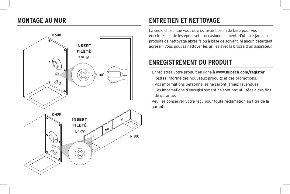 Entretien et nettoyage, Enregistrement du produit montage au mur | Klipsch Reference R-40SA Dolby Atmos Add-On Speakers (Pair) User Manual | Page 14 / 48