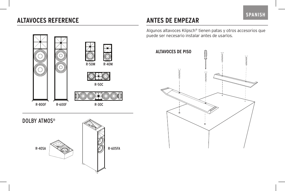 Altavoces reference, Antes de empezar, Dolby atmos | Klipsch Reference R-40SA Dolby Atmos Add-On Speakers (Pair) User Manual | Page 15 / 48