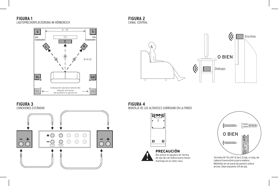 Figura 1, Figura 2, Figura 4 | Figura 3, O bien, Cl r, Sl sr sl sr, Precaución | Klipsch Reference R-40SA Dolby Atmos Add-On Speakers (Pair) User Manual | Page 17 / 48