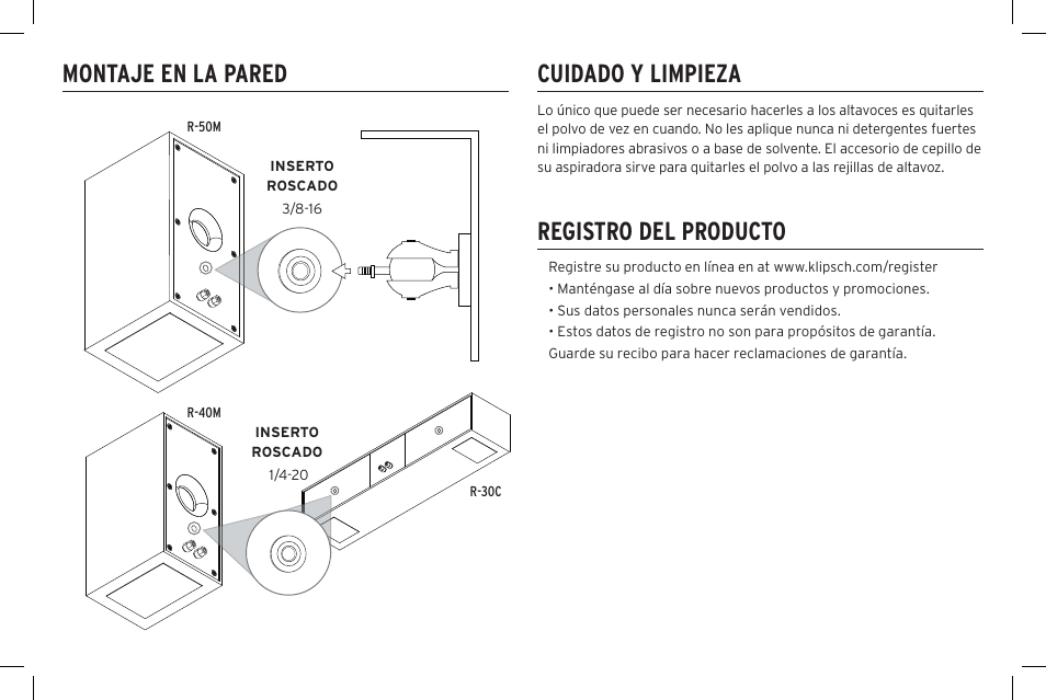 Cuidado y limpieza, Registro del producto montaje en la pared | Klipsch Reference R-40SA Dolby Atmos Add-On Speakers (Pair) User Manual | Page 20 / 48
