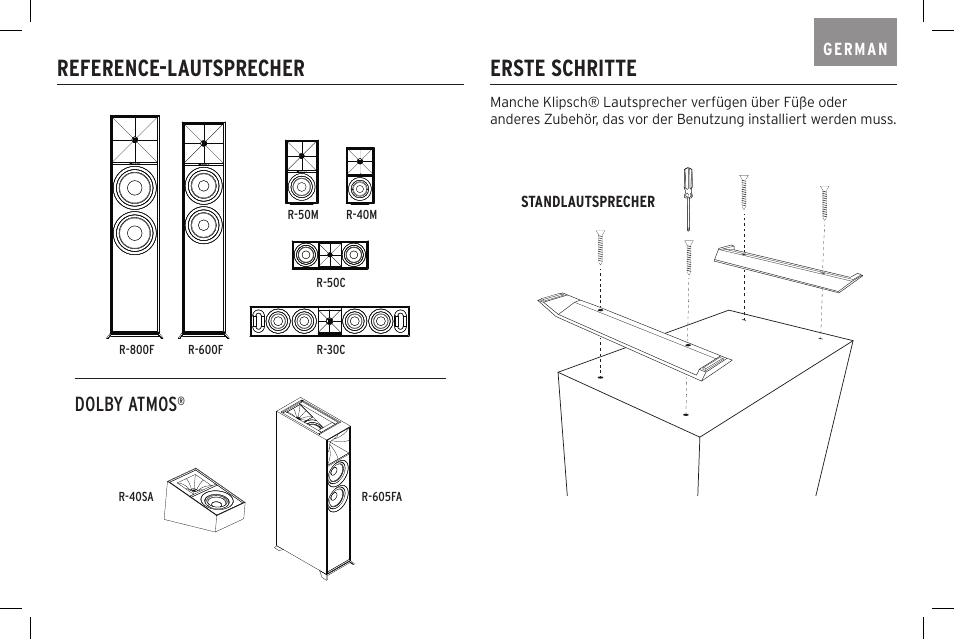 Reference-lautsprecher, Erste schritte, Dolby atmos | Klipsch Reference R-40SA Dolby Atmos Add-On Speakers (Pair) User Manual | Page 21 / 48