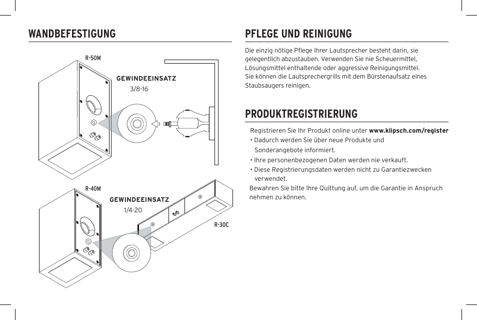 Pflege und reinigung, Produktregistrierung wandbefestigung | Klipsch Reference R-40SA Dolby Atmos Add-On Speakers (Pair) User Manual | Page 26 / 48