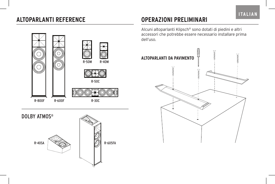 Altoparlanti reference, Operazioni preliminari, Dolby atmos | Klipsch Reference R-40SA Dolby Atmos Add-On Speakers (Pair) User Manual | Page 27 / 48