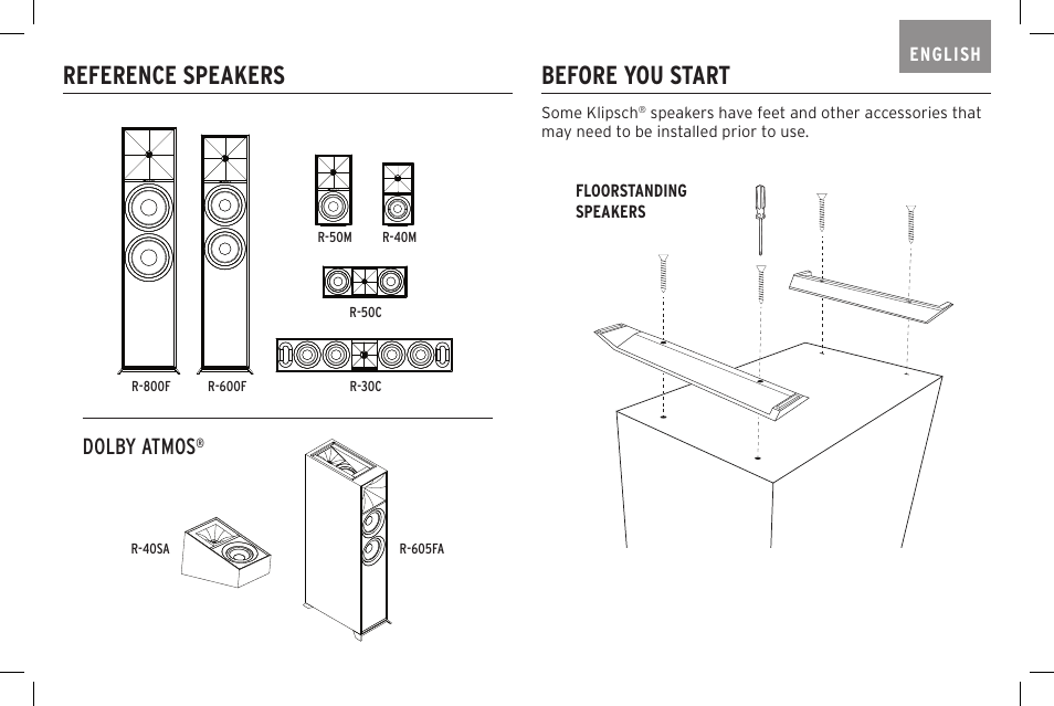 Reference speakers, Before you start, Dolby atmos | Klipsch Reference R-40SA Dolby Atmos Add-On Speakers (Pair) User Manual | Page 3 / 48