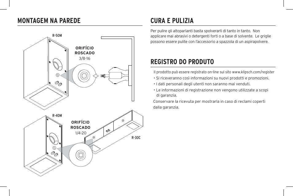 Cura e pulizia, Registro do produto montagem na parede | Klipsch Reference R-40SA Dolby Atmos Add-On Speakers (Pair) User Manual | Page 32 / 48