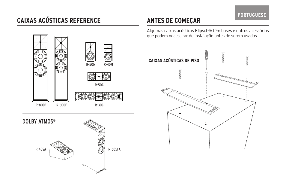 Caixas acústicas reference, Antes de começar, Dolby atmos | Klipsch Reference R-40SA Dolby Atmos Add-On Speakers (Pair) User Manual | Page 33 / 48